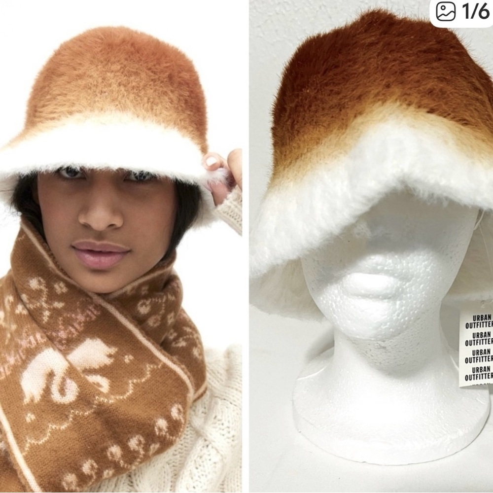 Urban Outfitters Women's Ombré Fuzzy 
Plush Bucket Hat Warm Brown/White